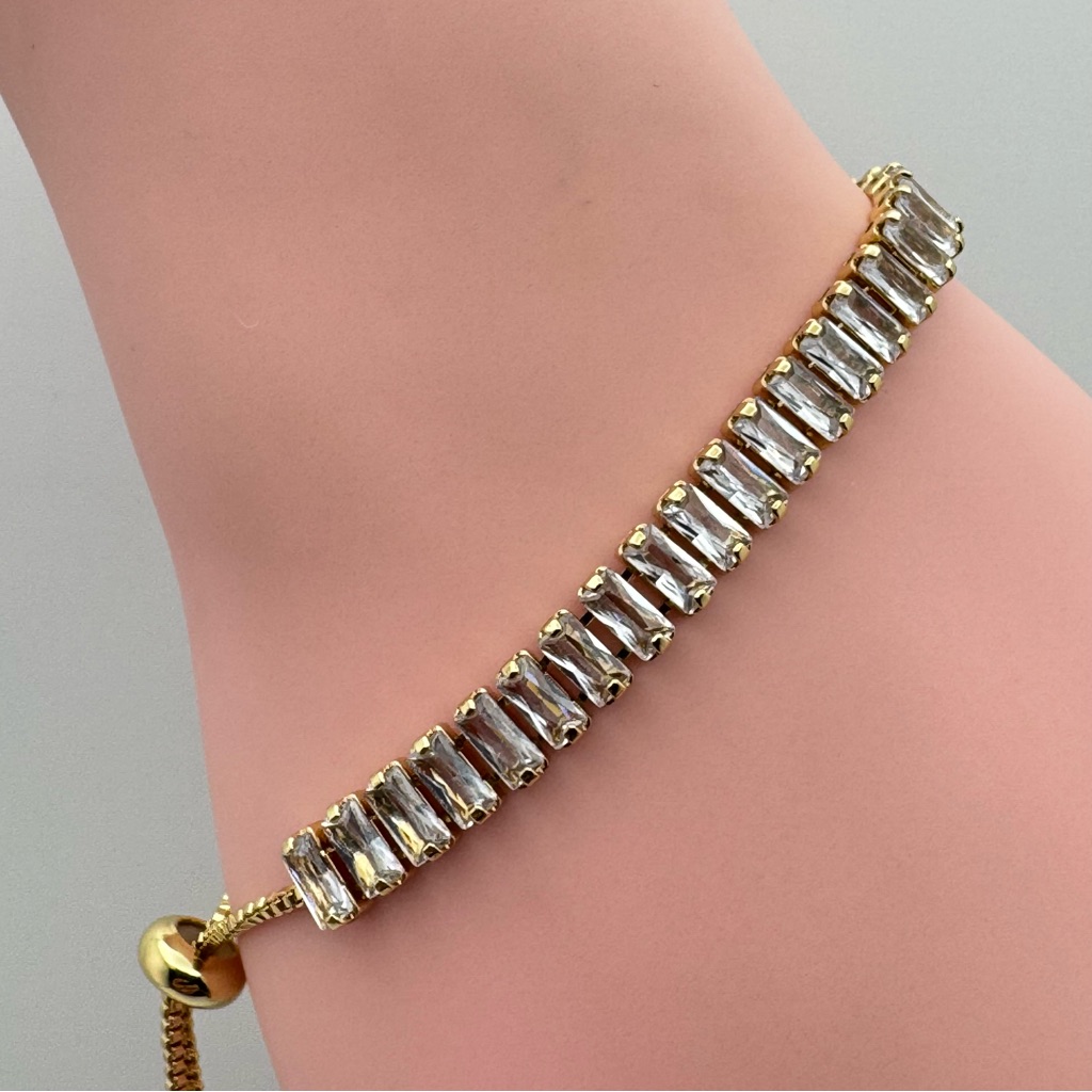 Gold Plated Cubic Zirconia Baguette Tennis Adjustable Slider Bracelet New